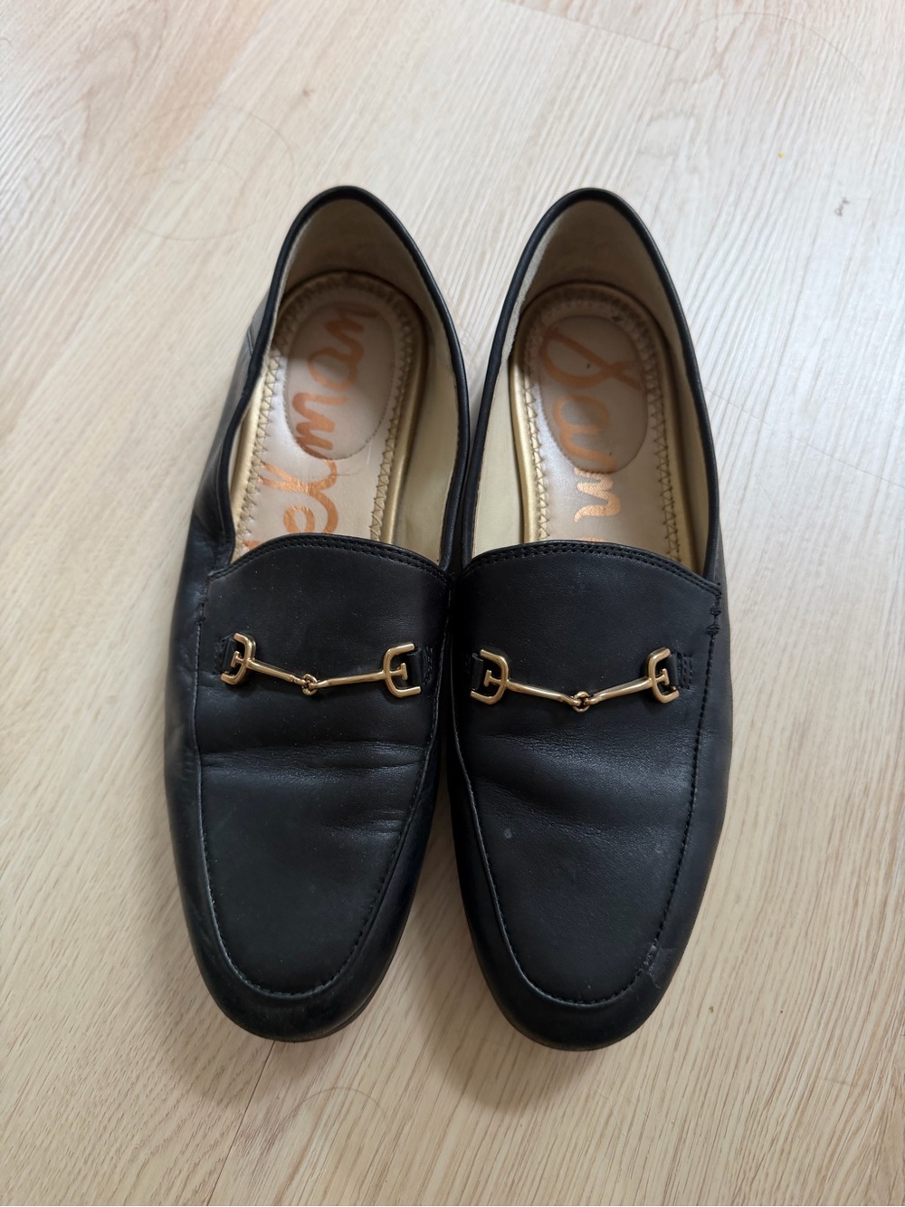 Sam Edelman Black Leather Loafers with Gold Horsebit